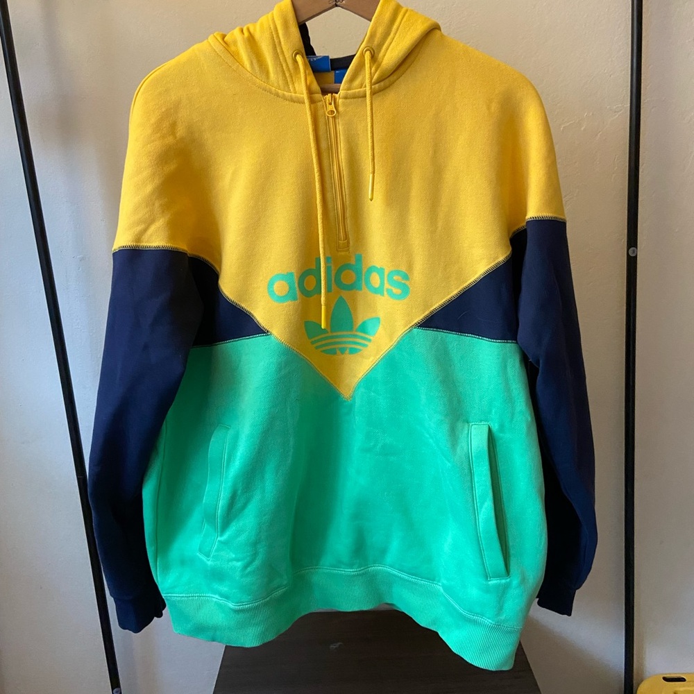 adidas Colorblock Half-Zip Hoodie in Yellow, Navy & Teal